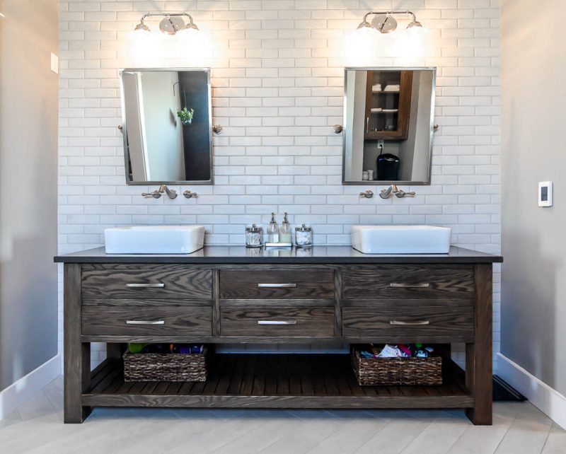 traditional bathroom with white subway tile wall