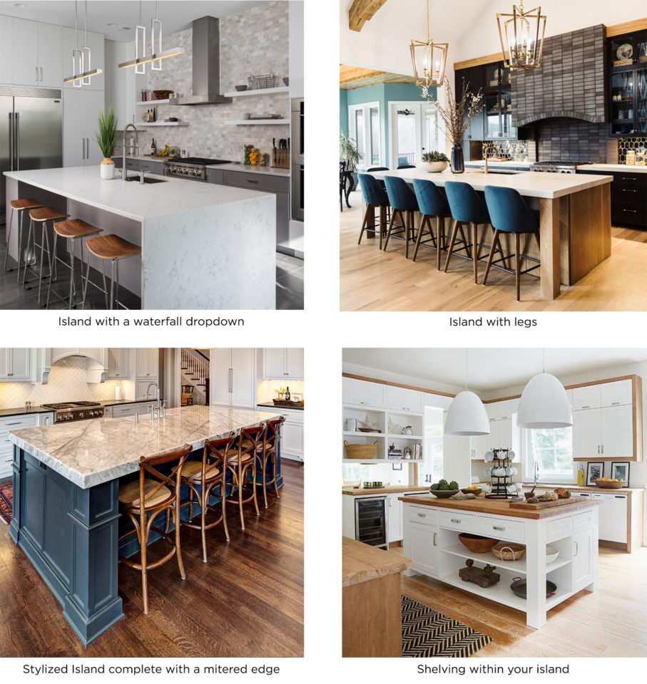 different ways to style your kitchen island countertops, waterfall dropdown, legs, mitered edge, shelving within