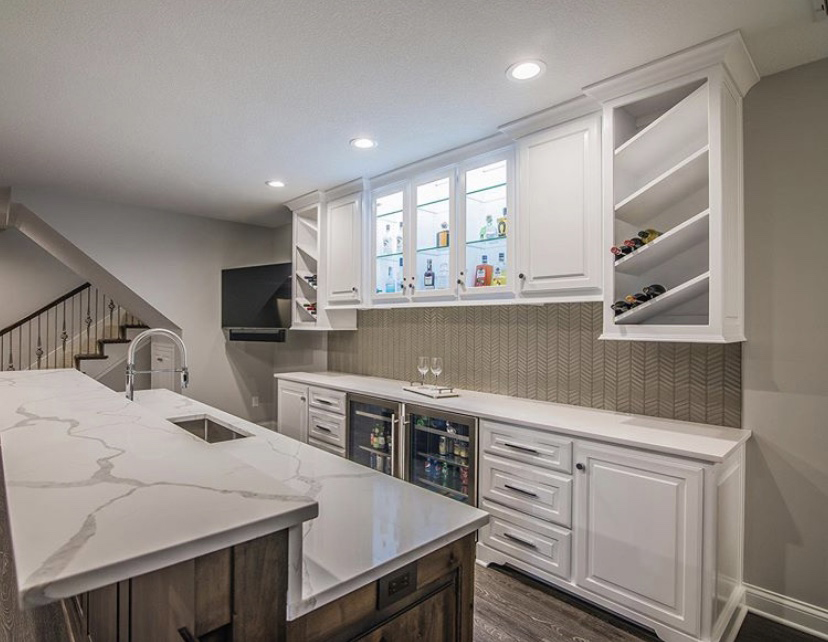 white kitchen in kansas city with two level countertop