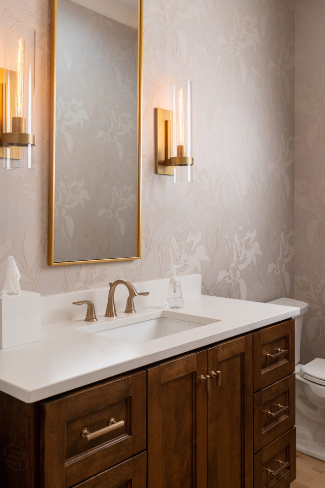 Bathroom vanity with white quartz countertop