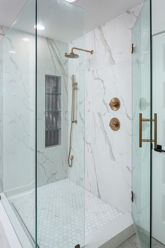 shower with marble wall
